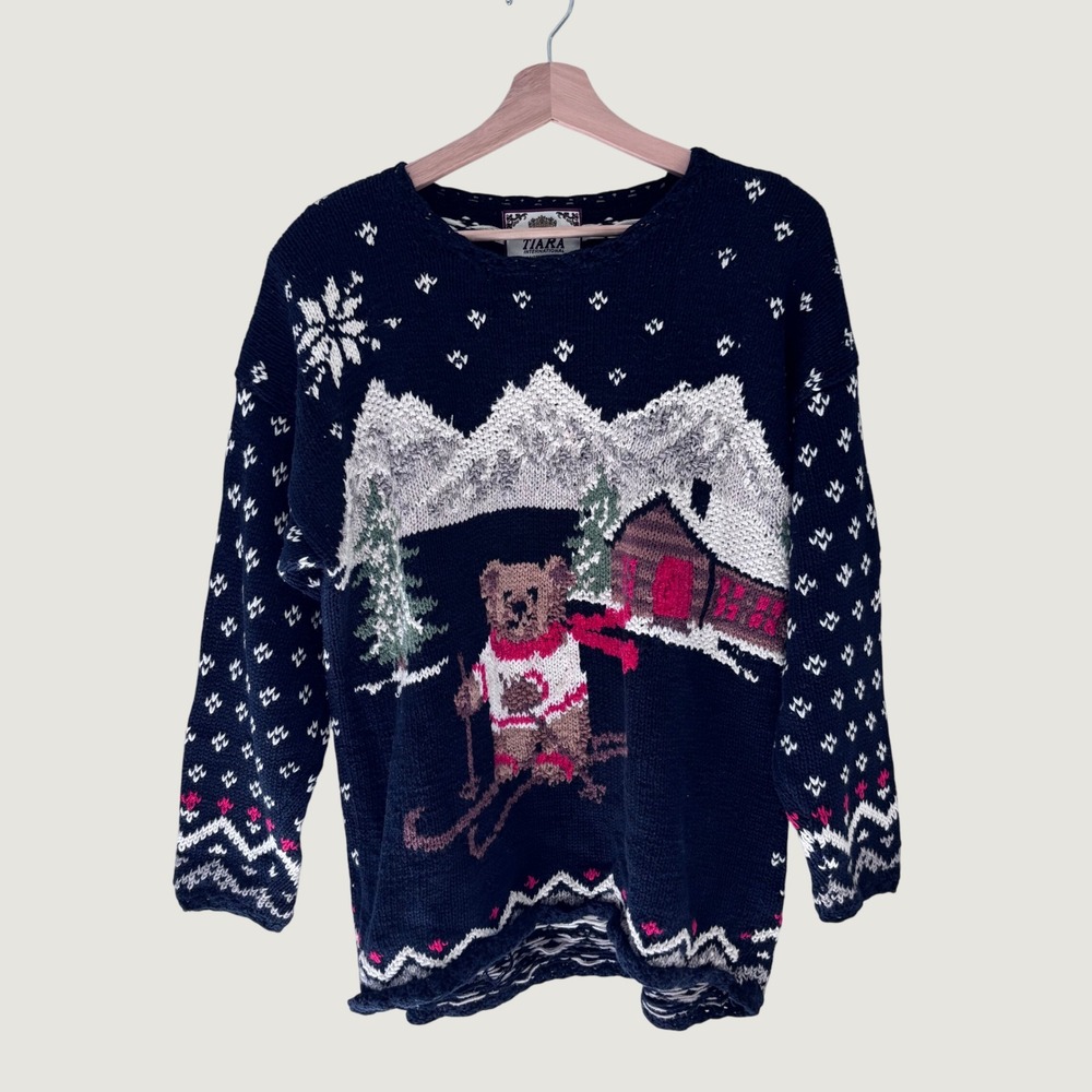 Tiara International Vintage 90s Skiing Bear Sweater Navy Blue Cotton Ramie L
